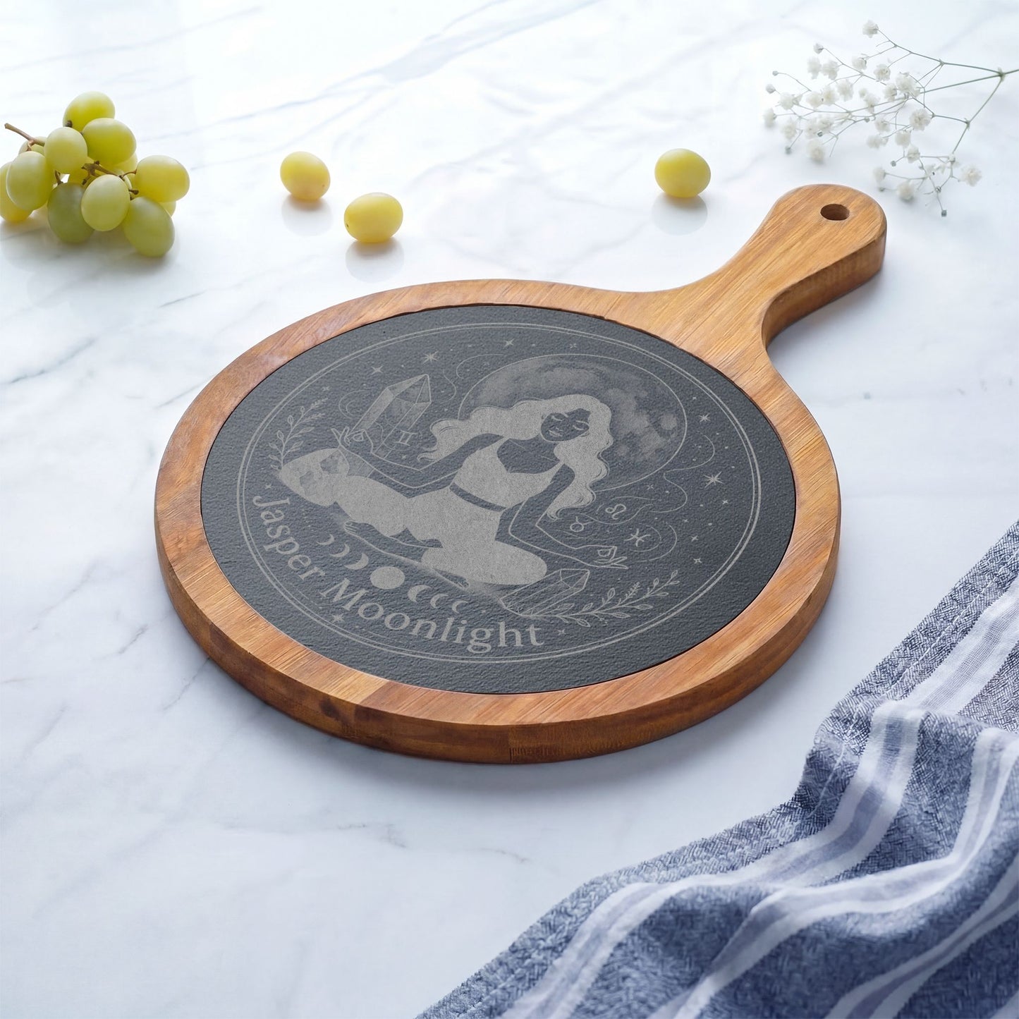 Engraved Moonlit Meditation Charcuterie Board with Cheese Knife Set