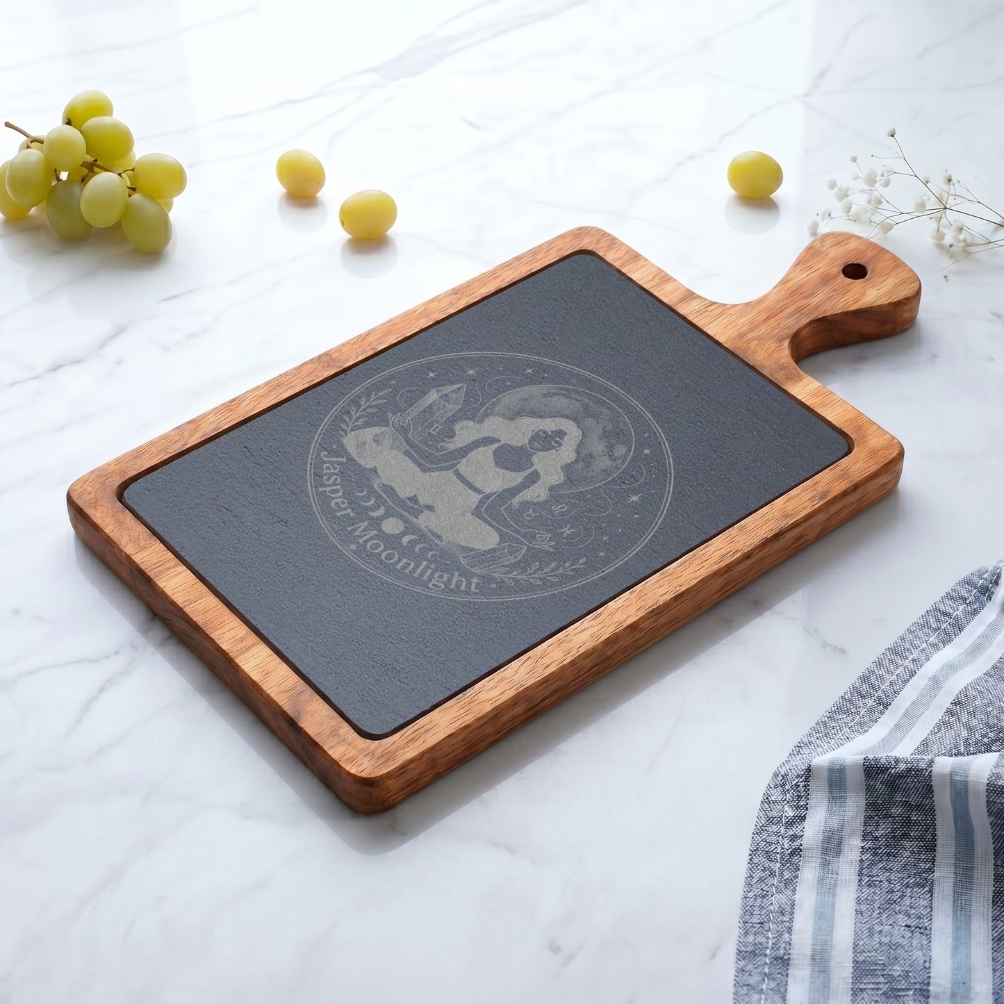 Engraved Moonlit Meditation Charcuterie Board with Cheese Knife Set