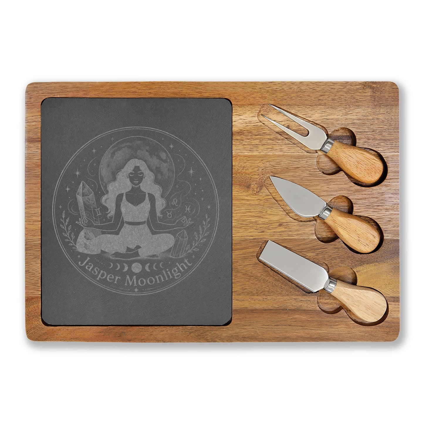 Engraved Moonlit Meditation Charcuterie Board with Cheese Knife Set