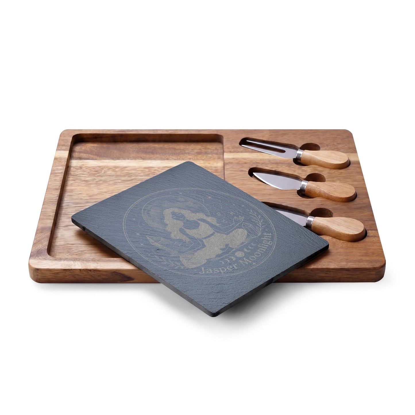 Engraved Moonlit Meditation Charcuterie Board with Cheese Knife Set
