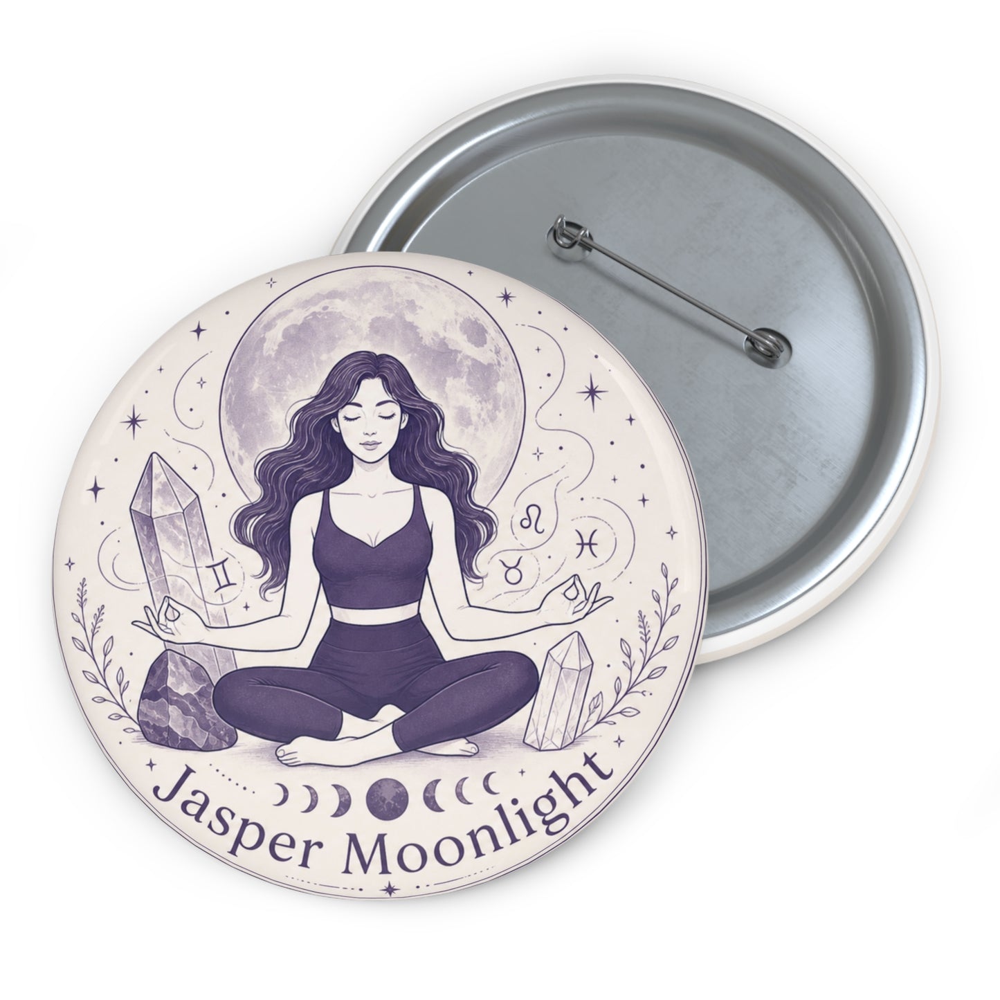 Moonlit Meditation Pin Button — Crystal & Zodiac Yoga Badge