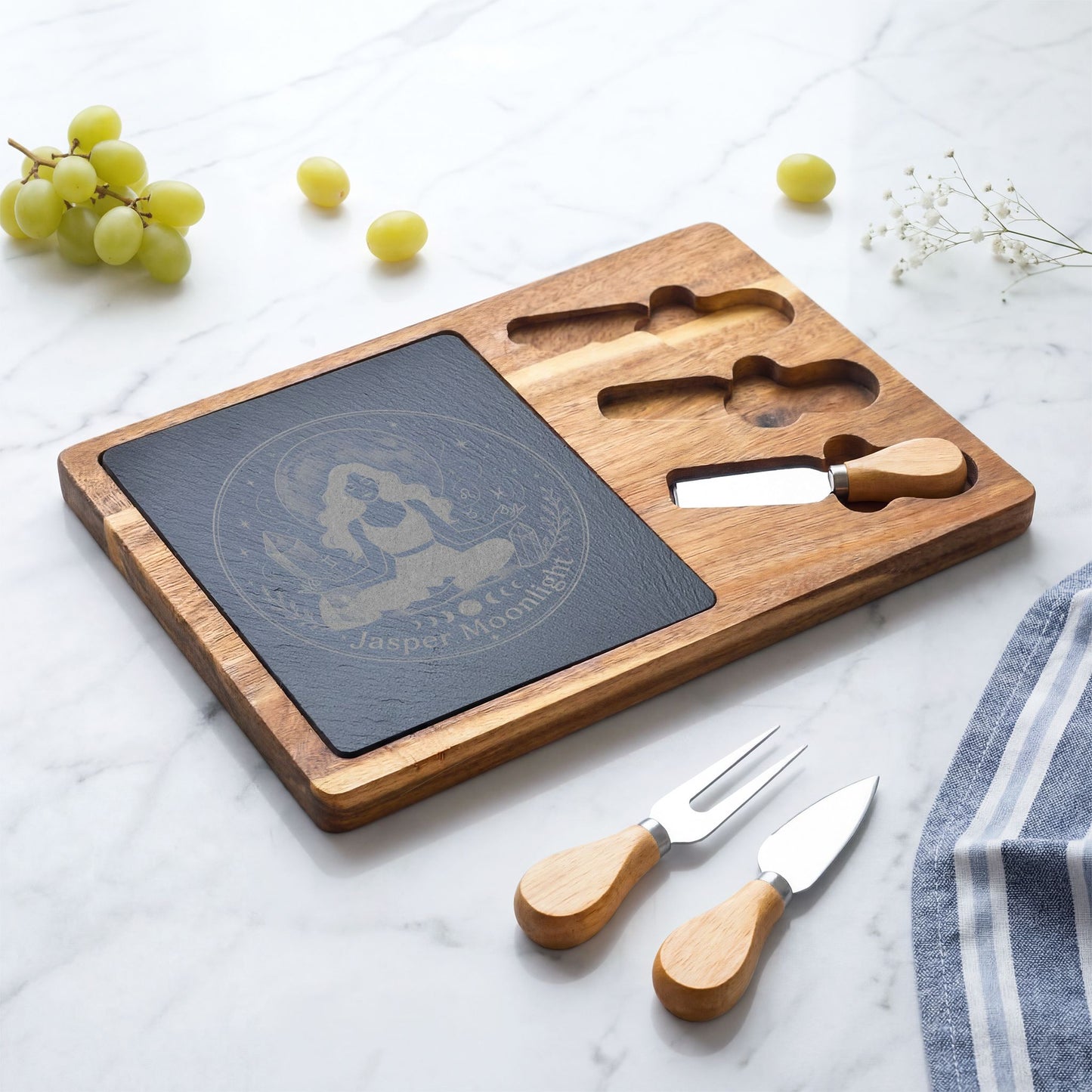 Engraved Moonlit Meditation Charcuterie Board with Cheese Knife Set
