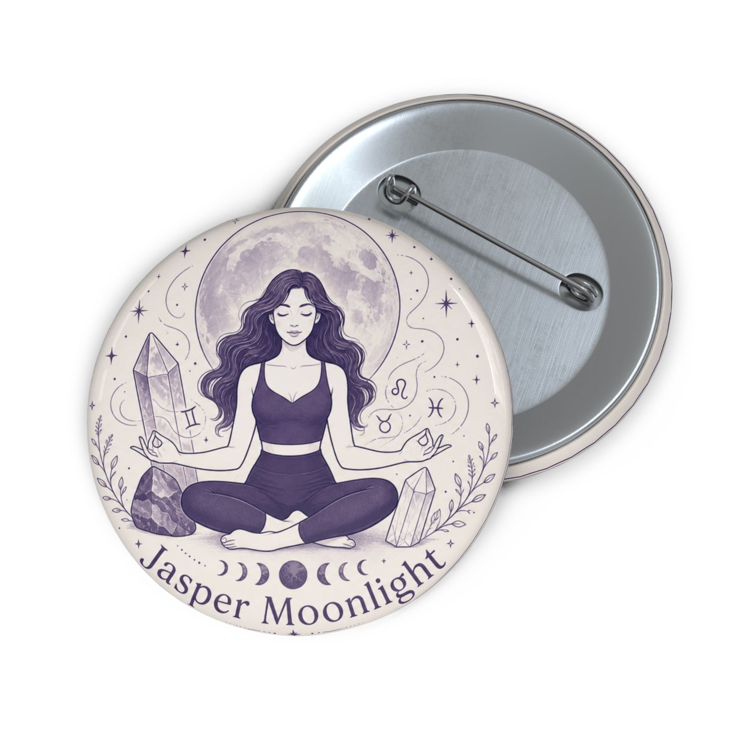 Moonlit Meditation Pin Button — Crystal & Zodiac Yoga Badge