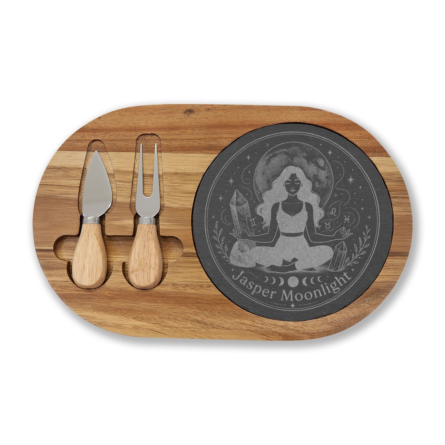 Engraved Moonlit Meditation Charcuterie Board with Cheese Knife Set