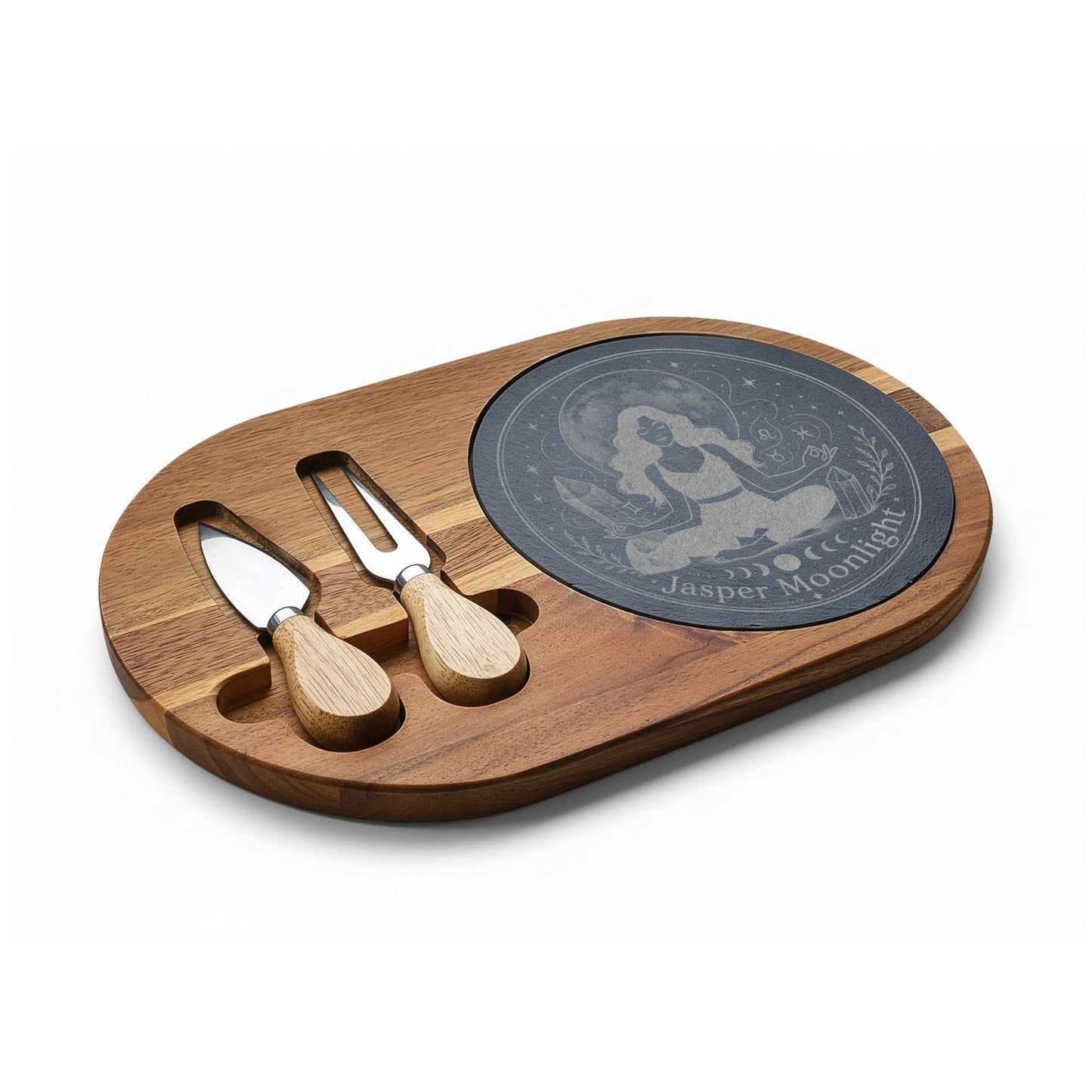 Engraved Moonlit Meditation Charcuterie Board with Cheese Knife Set
