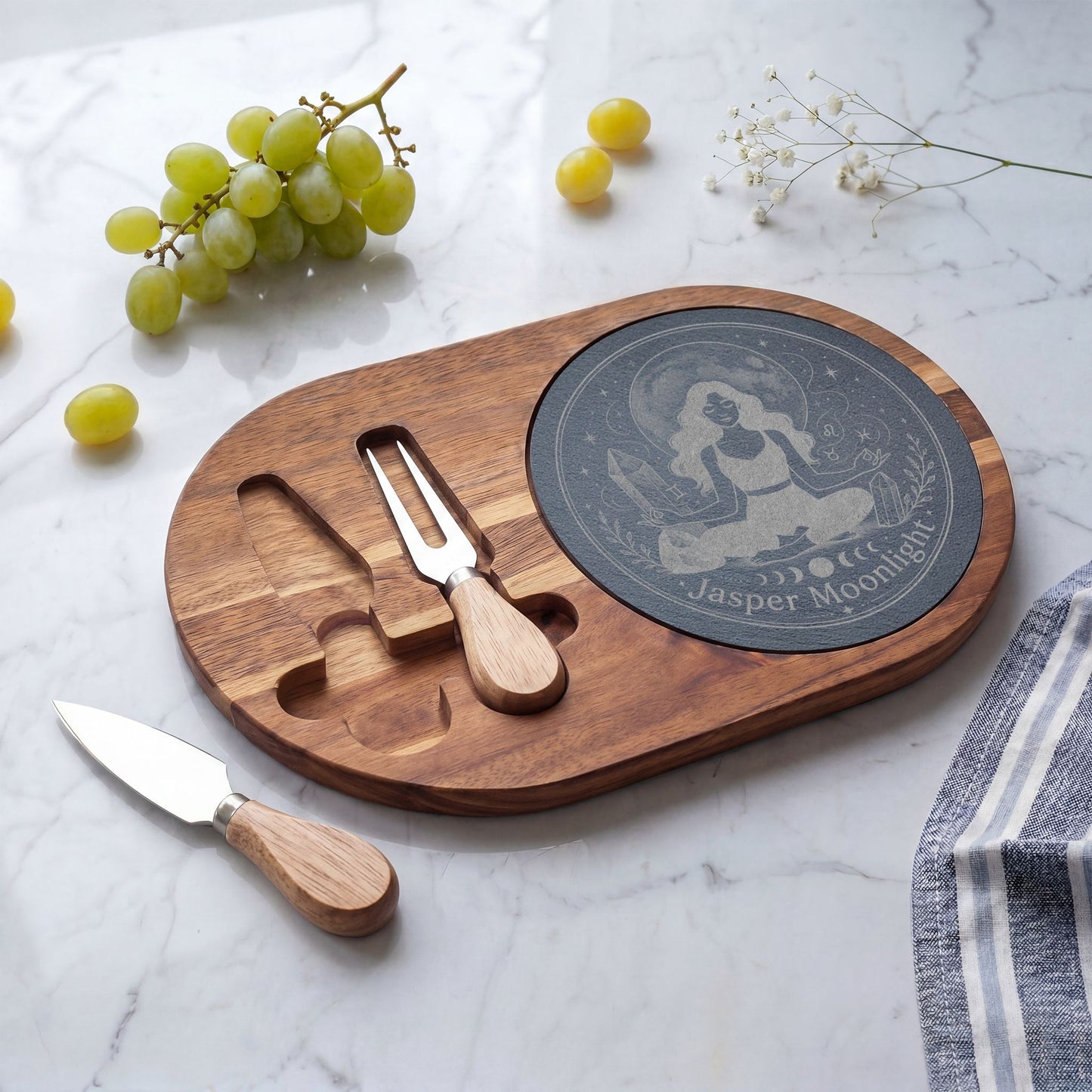 Engraved Moonlit Meditation Charcuterie Board with Cheese Knife Set