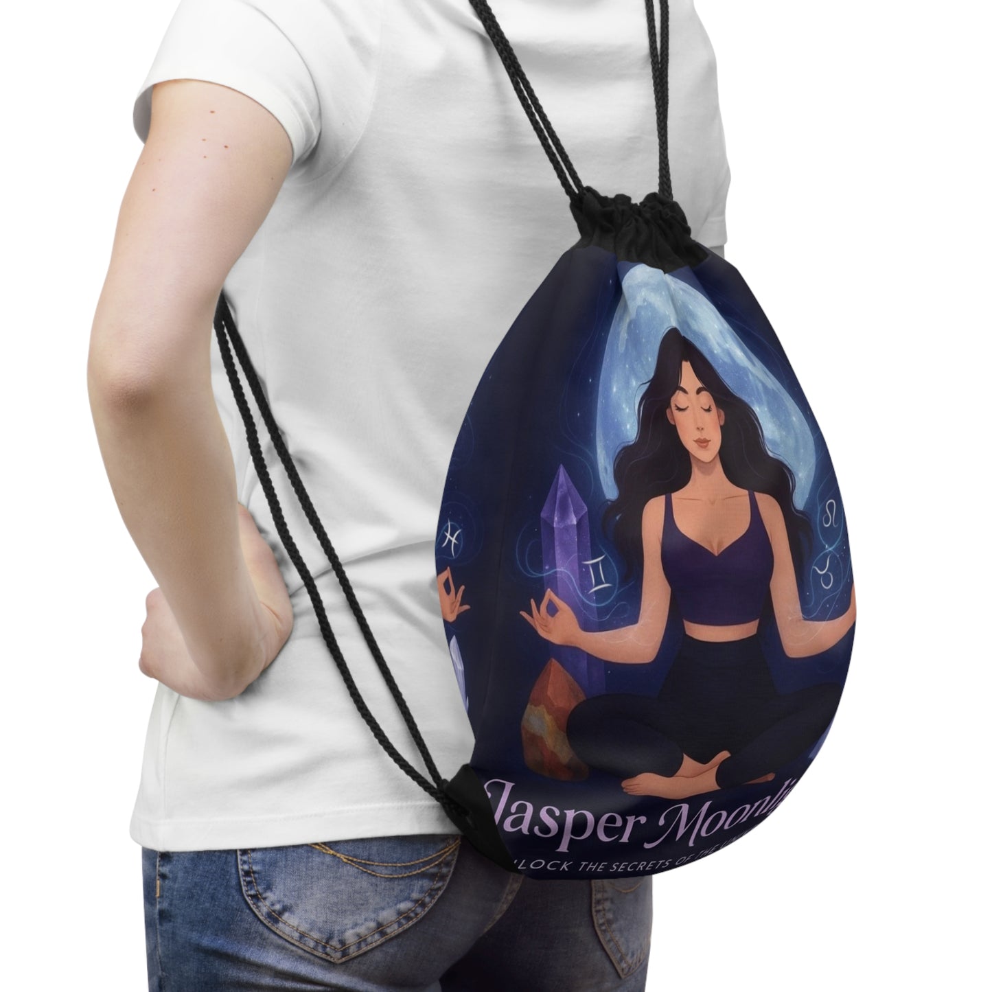 Moonlit Meditation Drawstring Bag — Jasper Moonlight Crystal Yoga Tote