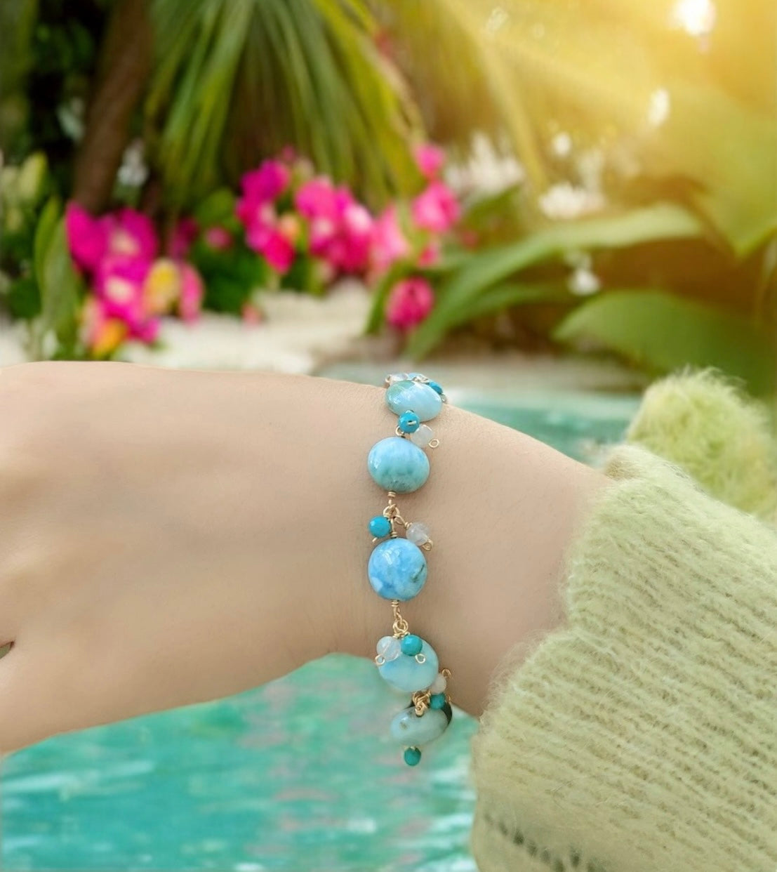 Larimar Moonstone Turquoise 14K Gold Bracelet