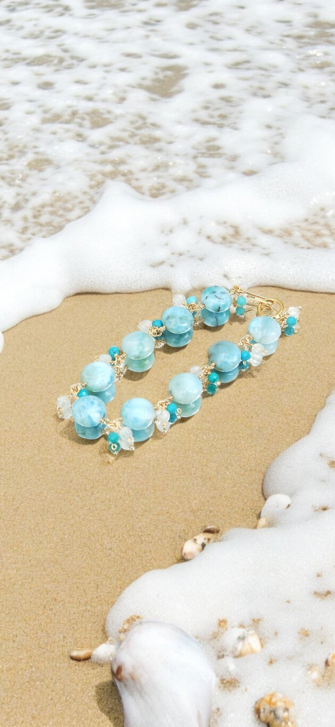 Larimar Moonstone Turquoise 14K Gold Bracelet