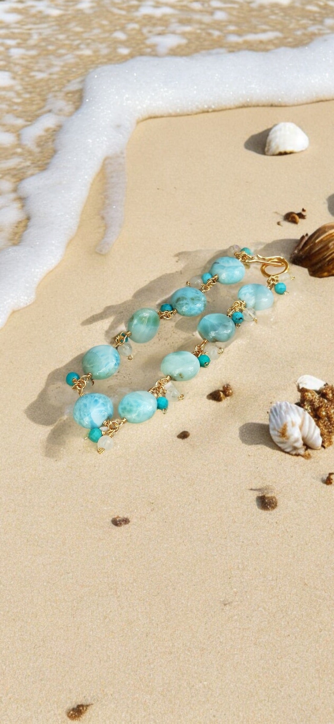 Larimar Moonstone Turquoise 14K Gold Bracelet