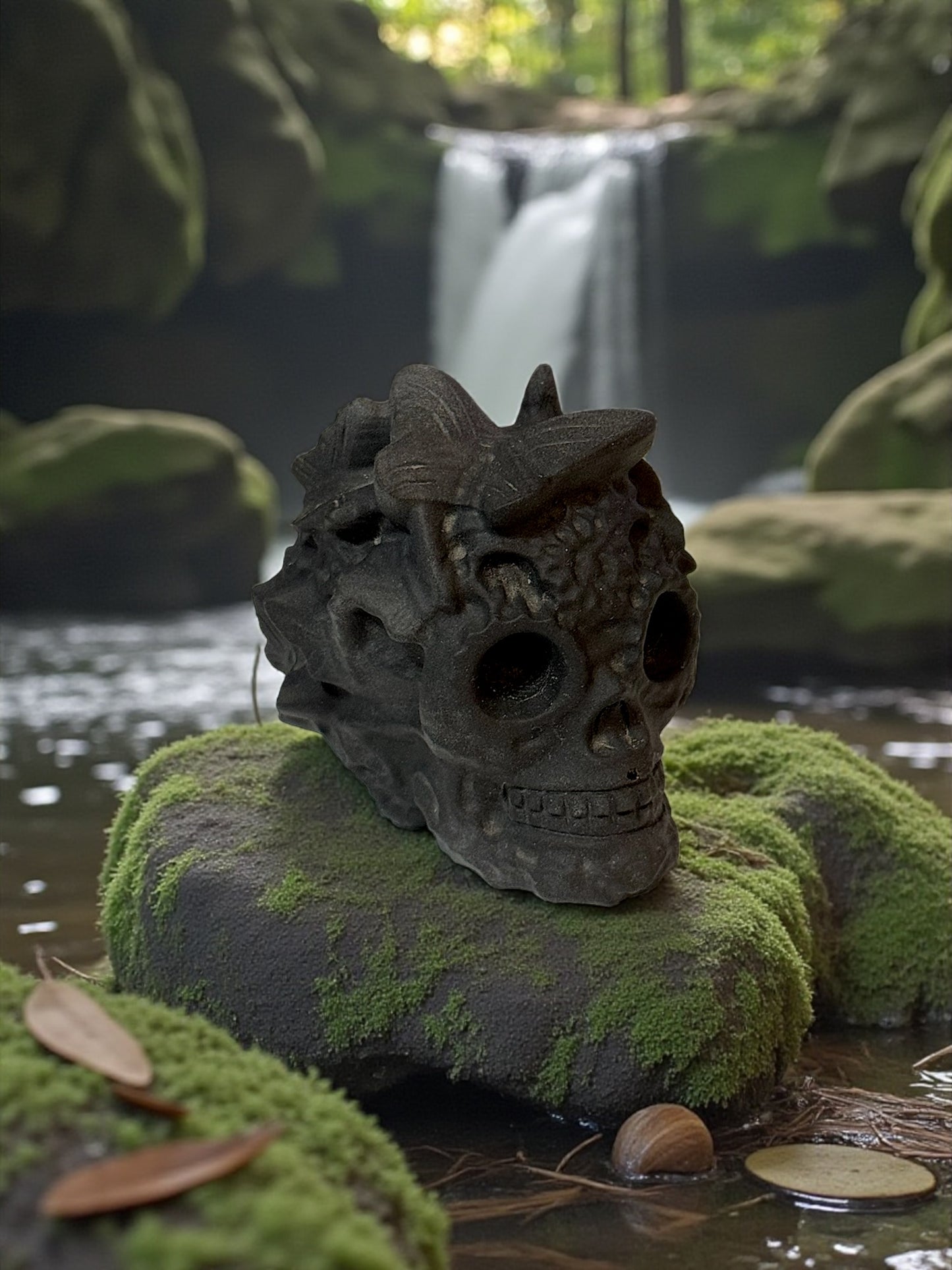 Lava Stone Skull with Butterfly